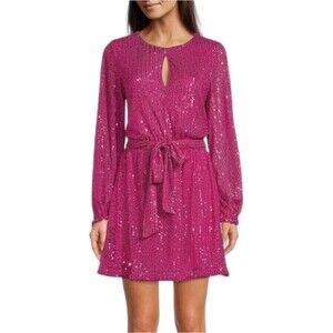 LDT Irma Fuchsia Sequin Crew Keyhole Neck Long Sleeve Tie Waist Mini Dress 2 XS